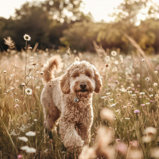 a dog walking in a flower field